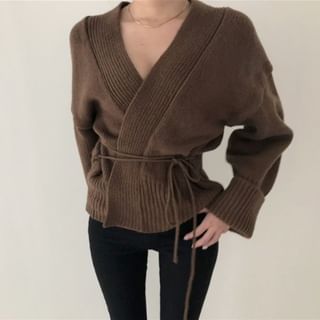 Wrapped V-Neck Knit Cardigan with Sash