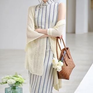 Flared-Sleeve Plain Pointelle Knit Long Cardigan / Sleeveless Striped Maxi Qipao / Set