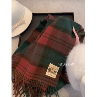 Plaid Fringed Trim Applique Scarf