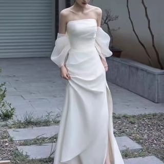 Off-Shoulder Plain Slit A-Line Evening Gown