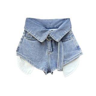 High Waist Belted Plain Denim Shorts