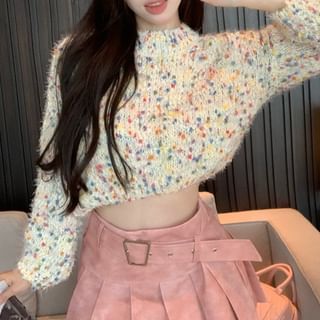 Mock Neck Dotted Cropped Sweater / High Rise Washed Pleated Mini A-Line Skirt