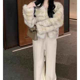 Striped Faux Fur Jacket / Drawstring Waist Plain Wide Leg Pants