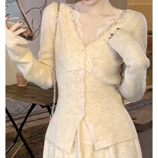 Maxi A-Line Skirt and V-Neck Lace Trim Cardigan Set