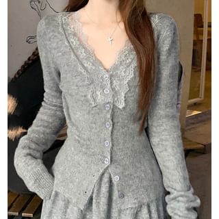 Maxi A-Line Skirt and V-Neck Lace Trim Cardigan Set