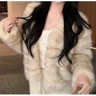 Striped Faux Fur Jacket / Drawstring Waist Plain Wide Leg Pants