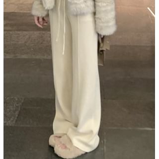Striped Faux Fur Jacket / Drawstring Waist Plain Wide Leg Pants
