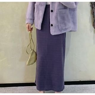 Puff-Sleeve Plain Fluffy Single-Breasted Jacket / High Waist Maxi H-Line Skirt