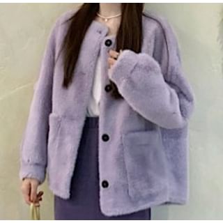 Puff-Sleeve Plain Fluffy Single-Breasted Jacket / High Waist Maxi H-Line Skirt