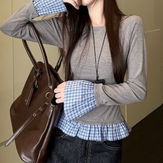 Mock Two-Piece Long-Sleeve Plaid Hem Top