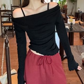 Mock Two-Piece Long-Sleeve Cold Shoulder Plain Knit Top