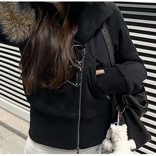 Fluffy Hooded Plain Zip Jacket / Mid Rise Plain Wide Leg Pants