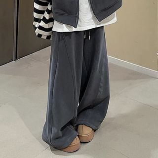 Plain Fleece-Lined Zip Hoodie / Drawstring Waist Wide Leg Sweatpants