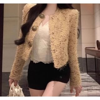 Tweed Button-Up Jacket & Crop Camisole Top