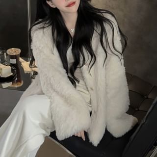 V-Neck Plain Fluffy Button Jacket / Drawstring Waist Wide Leg Pants