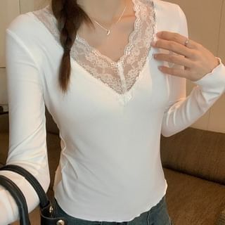 Long-Sleeve V-Neck Plain Lace Panel Slim Fit T-Shirt