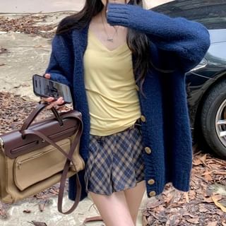 Long Sleeve V-Neck Plain Tee / Plain Long Cardigan / Mid Waist Plaid Mini Pleated Skirt