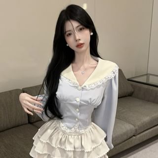 Contrast Collar Blouse with Lace Trim and Tiered Mini Skirt