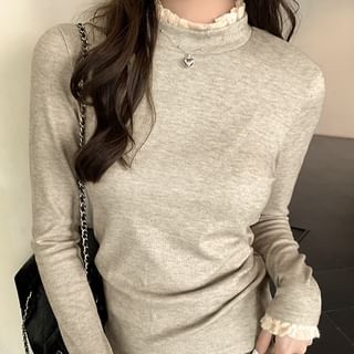 Long-Sleeve Mock Neck Lace Trim Slim Fit Tee