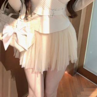 Long Sleeve V-Neck Solid Belted Ribbed Knit Wrap Top / Elevated Waist Solid Mesh Flared Mini Skirt