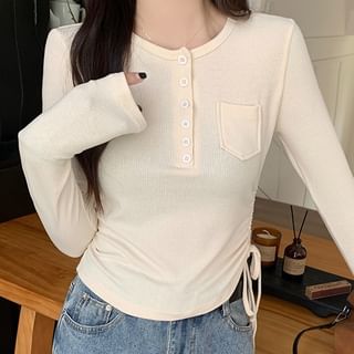 Long-Sleeve Half Buttoned Plain Top