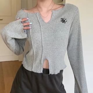 Long-Sleeve V-Neck Embroidered Crop Knit Top