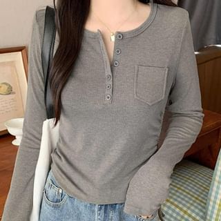 Long-Sleeve Half Buttoned Plain Top