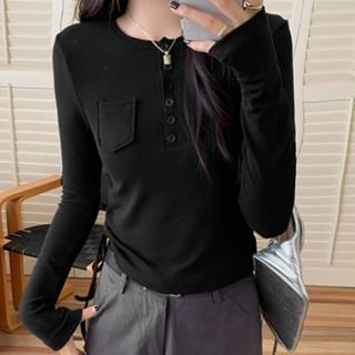 Long-Sleeve Half Buttoned Plain Top