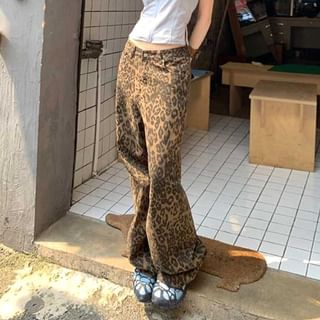 Low Rise Leopard Print Straight-Fit Wide-Leg Pants