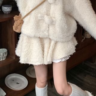 Plain Bear Ear Accent Fluffy Hooded Button-Up Jacket / High Rise Mini A-Line Skirt