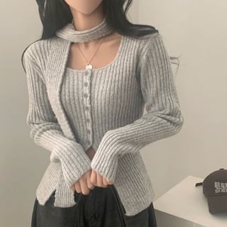 Square Neck Ribbed Knit Long Sleeve Cardigan with Scarf
