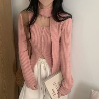 Square Neck Ribbed Knit Long Sleeve Cardigan with Scarf