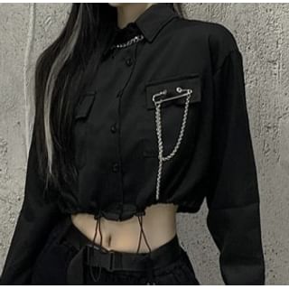 Long-Sleeve Plain Drawstring Hem Crop Shirt / Elastic Waist Loose Fit Cargo Pants