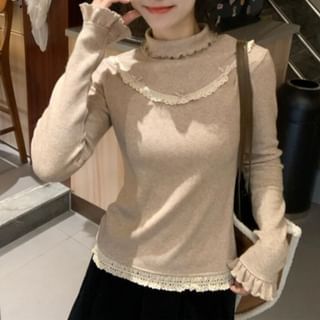 Lettuce Edge Lace Trim Tee with Mock Neck and Long Sleeves