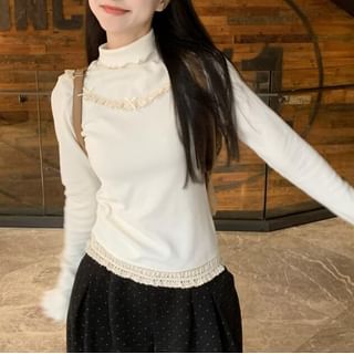 Lettuce Edge Lace Trim Tee with Mock Neck and Long Sleeves