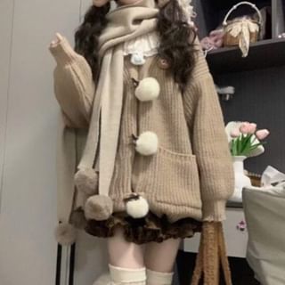 Pom Pom V-Neck Cardigan & Frill Trim A-Line Skirt Set