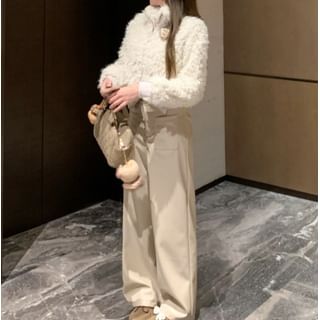 Fluffy Floral Zip Jacket / High Rise Faux Leather Wide Leg Pants