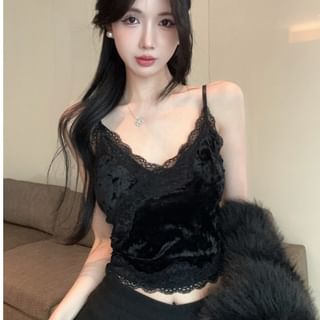 Velvet Wrap Camisole with Lace Panel and V-Neck