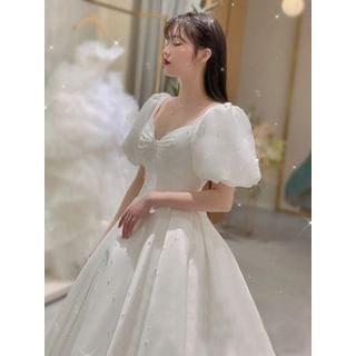Puff-Sleeve Plain Faux Pearl A-Line Evening Gown