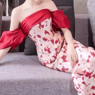Off-Shoulder Floral Sheath Evening Gown