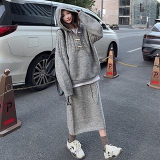 Oversized Hooded Sweater & Knit Pencil Skirt - Henley Style Set