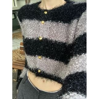 Striped Fluffy Crop Round Neck Cardigan