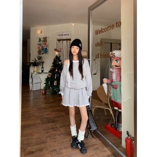 Two-Piece Top & Skirt Set - Lace Panel Sweatshirt with Pleated Mini