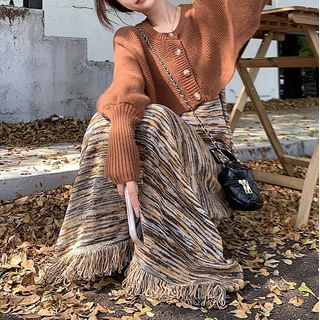 Sleeveless Scoop Neck Fringed Maxi A-Line Knit Dress & Crop Cardigan