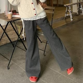 Collared Cable Knit Cardigan & Plaid Baggy Pants Set