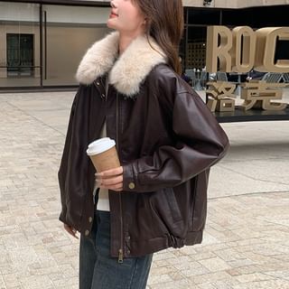 Faux Fur Faux Leather Zip-Up Jacket