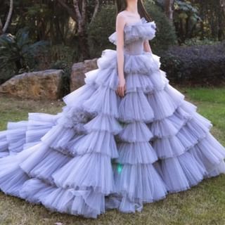 Strapless Ball A-Line Ruffle Sequin Tiered Gown Plain