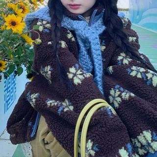 Stand Collar Floral Zip Up Fleece Jacket