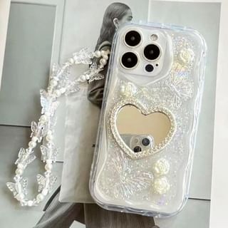 Heart Mirrored Phone Case / Faux Pearl Strap / Set