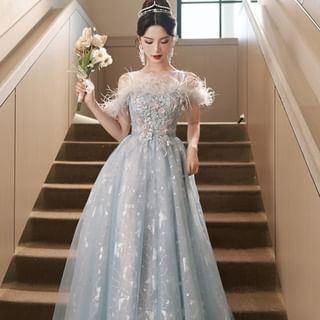 Butterfly Evening Gown A-Line Cold-Shoulder Embroidered Flower Print